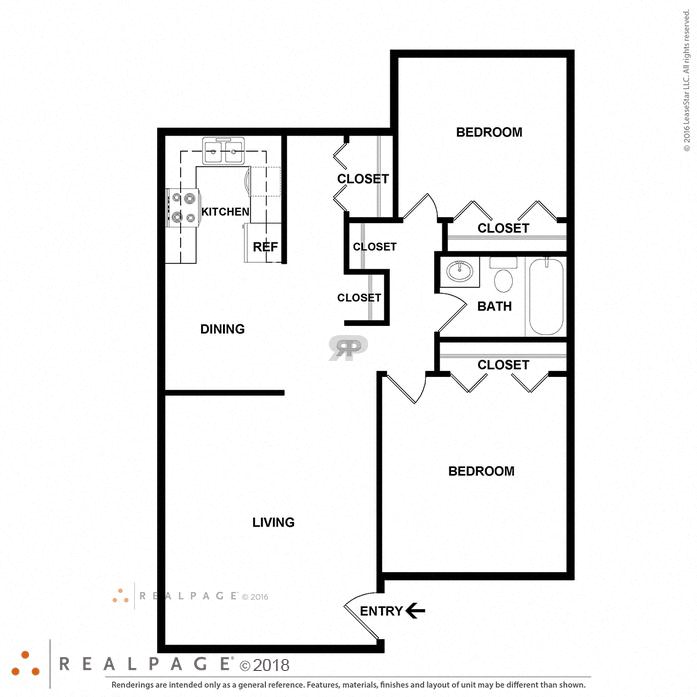 Floor plan for 2 beds, 1 bath, 750 sqft